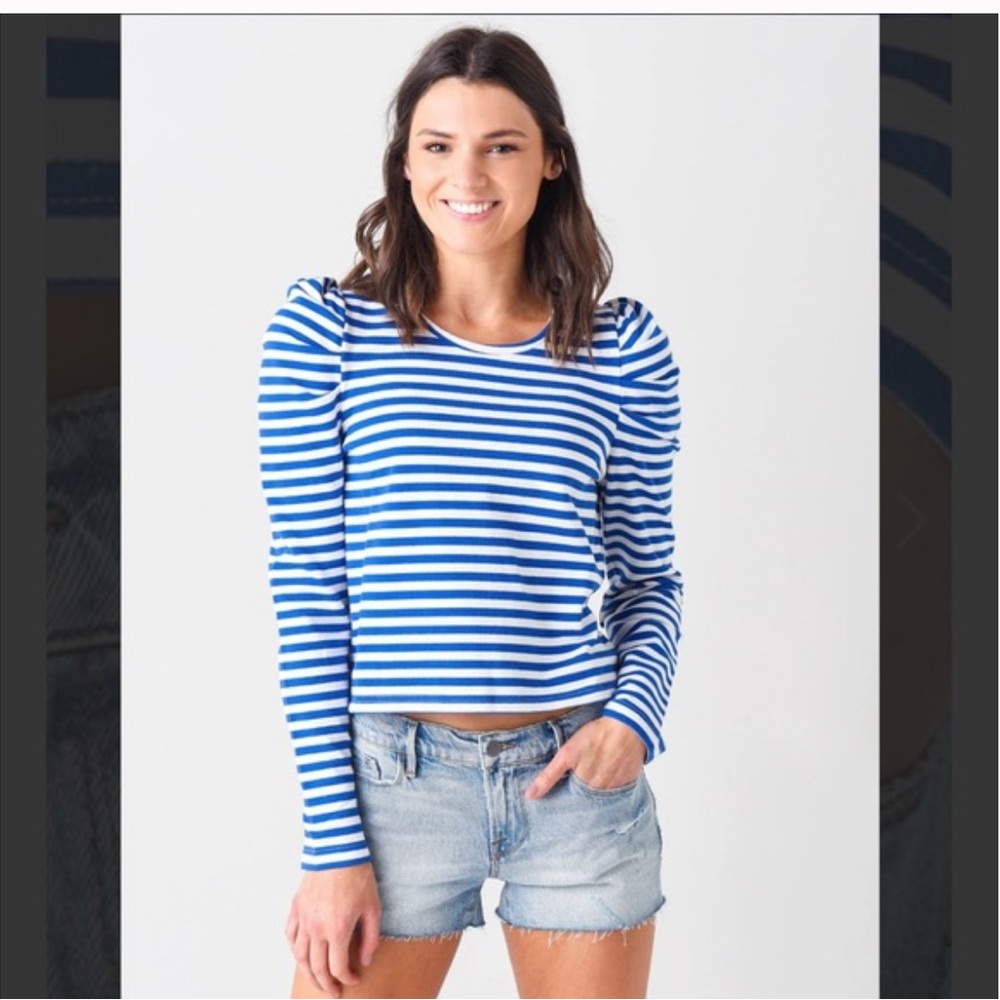 Rebecca Minkoff Blue and White Striped Cropped Talia Long Sleeve Top
